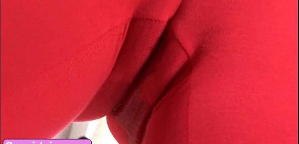  Seductive teen Kety peeing on red nylons